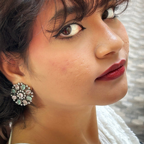 Oxidized Circular Bloom Stud Earrings from Trenzify Store.