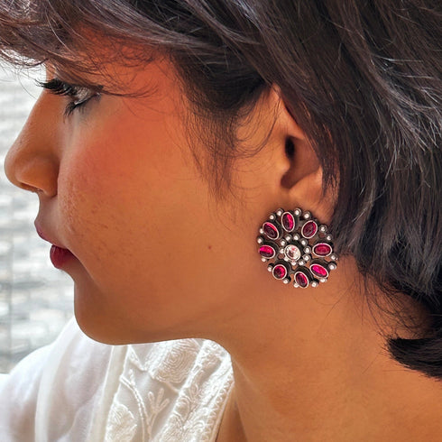 Oxidized Circular Bloom Stud Earrings from Trenzify Store.