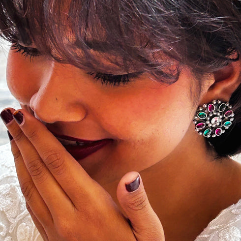 Oxidized Circular Bloom Stud Earrings from Trenzify Store.