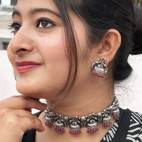 Oxidised Peacock Choker Set from Trenzify Store.