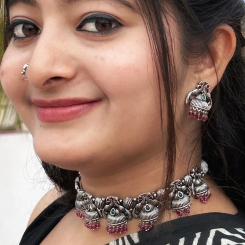 Oxidised Peacock Choker Set from Trenzify Store.