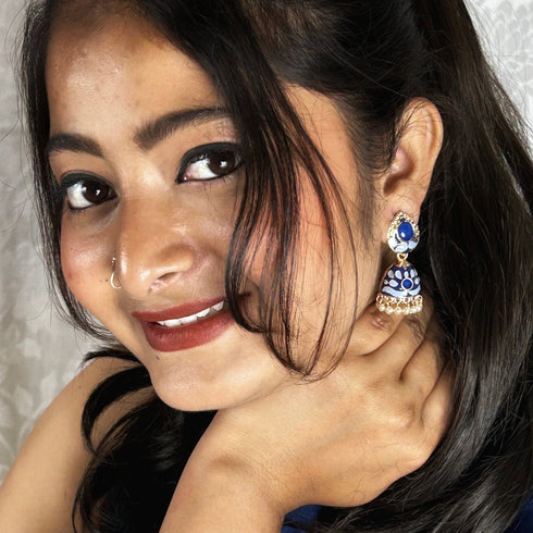 Elegant Blue Meenakari Jhumkas from Trenzify Store.