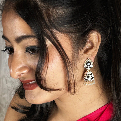 Elegant White & Black Meenakari Jhumkas from Trenzify Store.