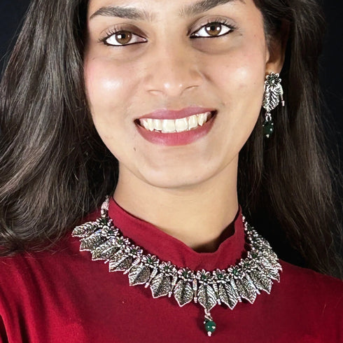 Oxidized Silver Leaf Necklace Set from Trenzify Store.