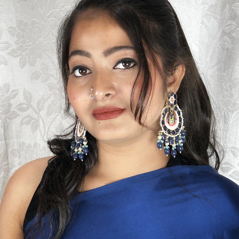 Royal Blue Meenakari Kundan Chandbalis from Trenzify Store.