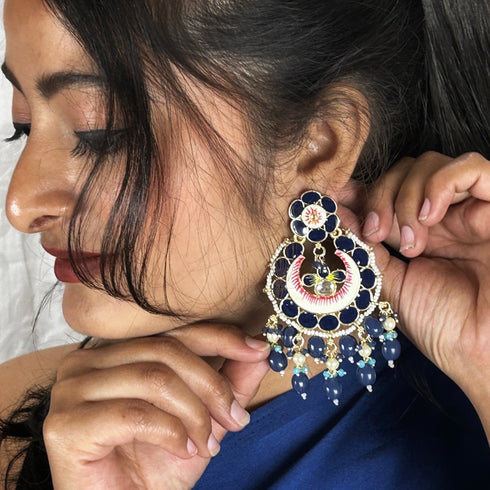 Royal Blue Meenakari Kundan Chandbalis from Trenzify Store.