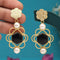 Gold-plated drop earrings featuring black stone centers and white pearl accents, with a floral design at the top, offering a sophisticated look for any occasion from Trenzify Store.