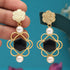 Gold-plated drop earrings featuring black stone centers and white pearl accents, with a floral design at the top, offering a sophisticated look for any occasion from Trenzify Store.