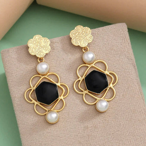 Gold-plated drop earrings featuring black stone centers and white pearl accents, with a floral design at the top, offering a sophisticated look for any occasion from Trenzify Store.