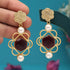 Gold-plated drop earrings featuring maroon stone centers and white pearl accents, with a floral design at the top, offering a sophisticated look for any occasion from Trenzify Store.