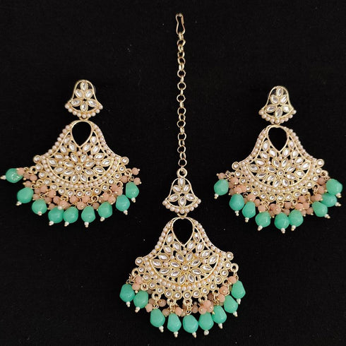 Mint Green Beaded Kundan Earrings & Maang Tikka Set from Trenzify Store.