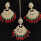 Red and Green Beaded Kundan Earrings and Maang Tikka Set from Trenzify Store.