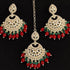 Red and Green Beaded Kundan Earrings and Maang Tikka Set from Trenzify Store.