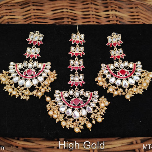 Red and Pearl Kundan Earrings with Maang Tikka from Trenzify Store.