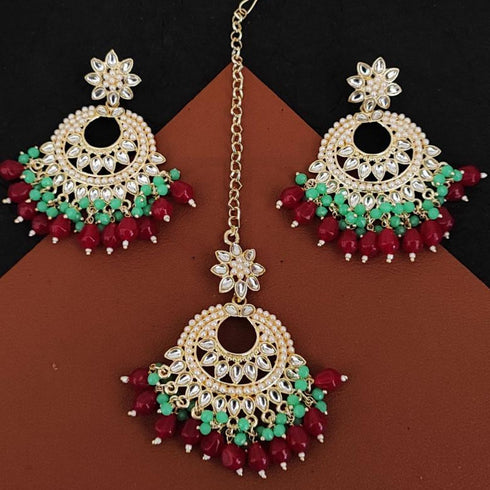 Red & Green Beaded Kundan Earrings & Maang Tikka Set from Trenzify Store.