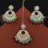 Red & Green Beaded Kundan Earrings & Maang Tikka Set from Trenzify Store.