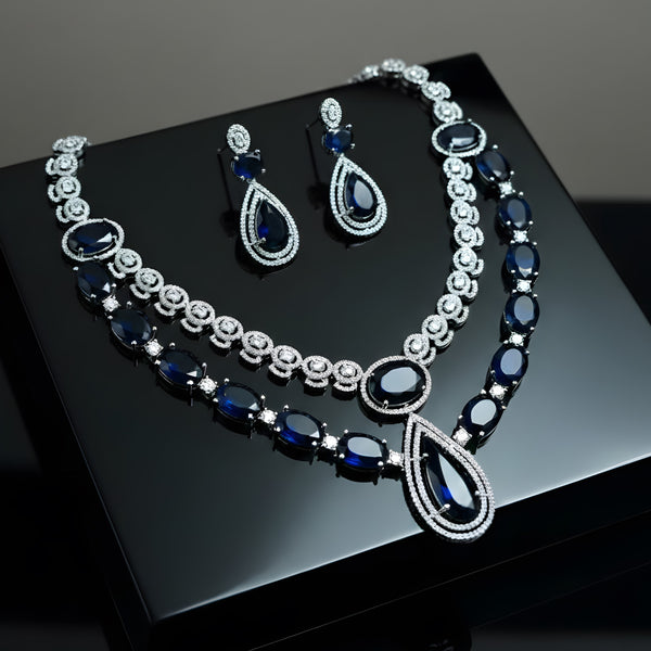 Elegant American Diamond necklace set for women with sapphire blue teardrop stones from Trenzify Store