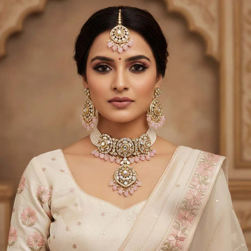 Pink Kundan bridal necklace set with earrings and maang tikka from Trenzify Store