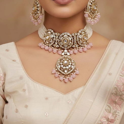 Pink Kundan bridal necklace set with earrings and maang tikka from Trenzify Store