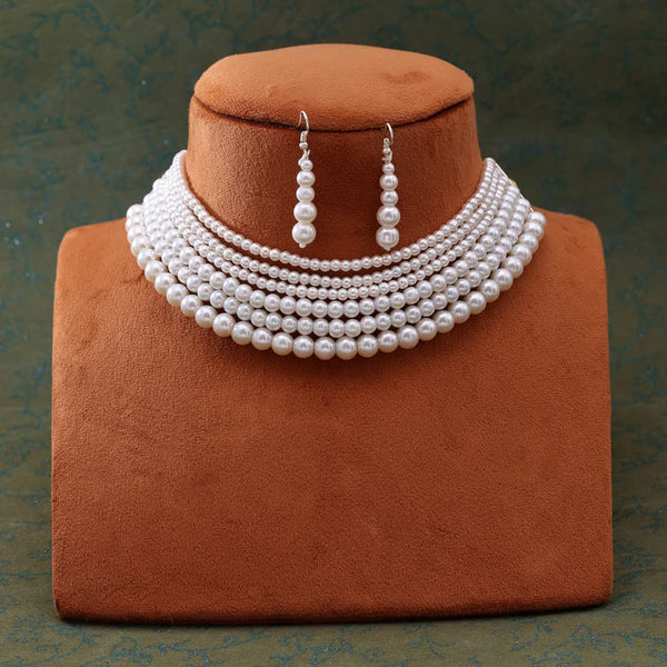 Classic white multi-layer pearl necklace set with matching drop earrings from Trenzify Store