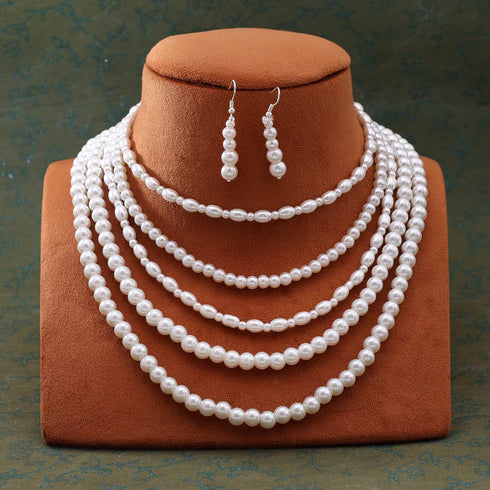 Multi strand long pearl necklace set with matching drop earrings from Trenzify Store