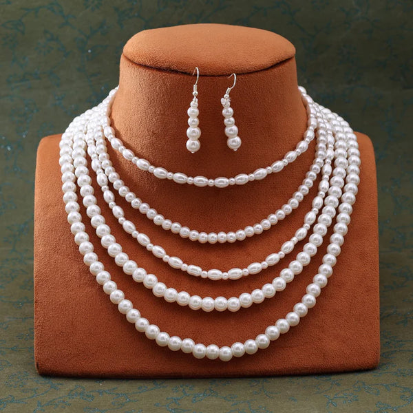 Multi strand long pearl necklace set with matching drop earrings from Trenzify Store