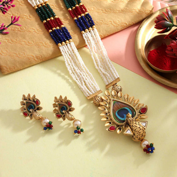 Antique style temple inspired long necklace set with peacock pendant from Trenzify Store