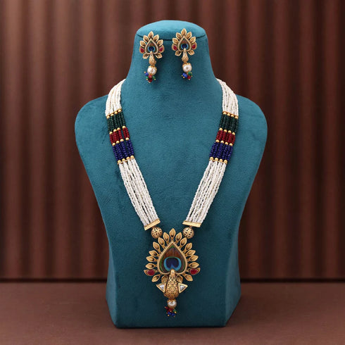 Antique style temple inspired long necklace set with peacock pendant from Trenzify Store