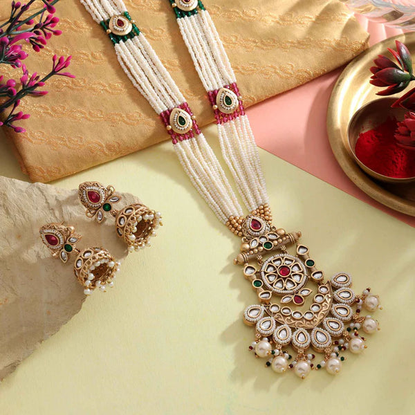 Antique style temple long necklace set with rani and green accents and jhumki earrings from Trenzify Store