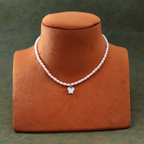 Pearl chain necklace with butterfly charm and silver polish finish from Trenzify Store