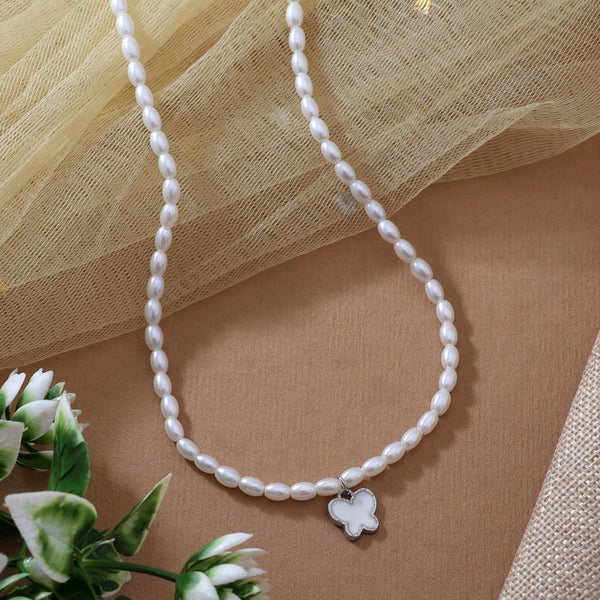 Pearl chain necklace with butterfly charm and silver polish finish from Trenzify Store