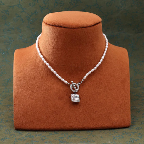 Minimal pearl chain pendant necklace with square glass stone from Trenzify Store