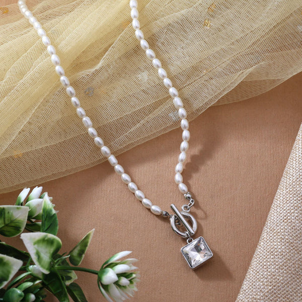 Minimal pearl chain pendant necklace with square glass stone from Trenzify Store