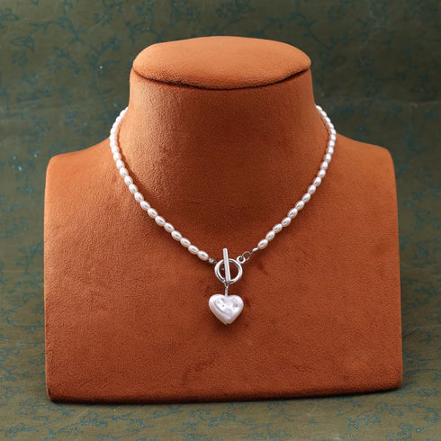 Pearl chain necklace with heart charm and silver polish finish from Trenzify Store