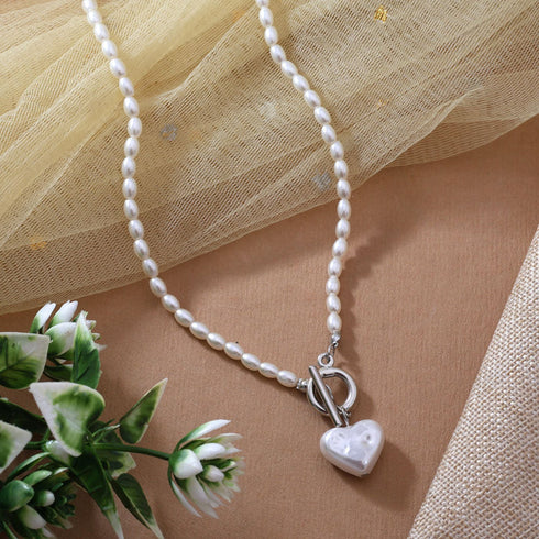 Pearl chain necklace with heart charm and silver polish finish from Trenzify Store