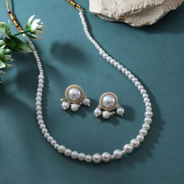 Classic single-strand white pearl necklace set with matching stud earrings from Trenzify Store