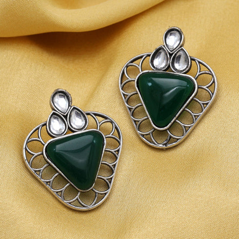 Intricately designed earrings featuring a green triangular stone and clear gemstone accents, with a detailed circular pattern for a chic and modern look from Trenzify Store.