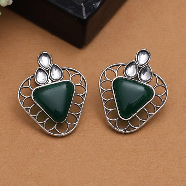 Intricately designed earrings featuring a green triangular stone and clear gemstone accents, with a detailed circular pattern for a chic and modern look from Trenzify Store.