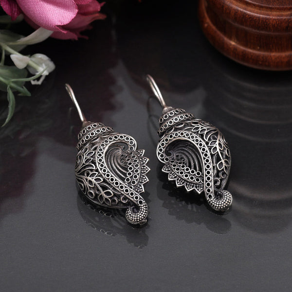 Oxidized silver paisley drop earrings with floral detailing – Trenziy Store