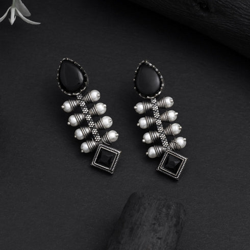 Oxidised Black Stone & Pearl Drop Earrings from Trenzify Store
