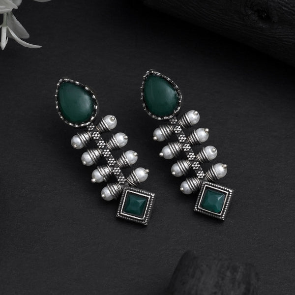 Oxidised Green Stone & Pearl Drop Earrings from Trenzify Store