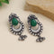 Oxidized earrings with green stone, bird motif, crescent design, and hanging ghungroo bells – ethnic statement jewelry