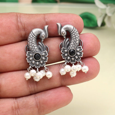Oxidized silver peacock earrings with pearl drops – Trenziy Store