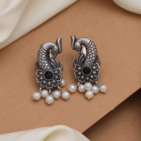 Oxidized silver peacock earrings with pearl drops – Trenziy Store
