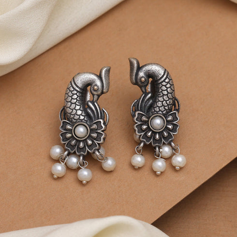 Oxidized silver peacock earrings with pearl drops – Trenziy Store