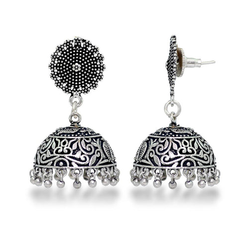 Oxidized Silver Dome Jhumka Earrings with Filigree Detailing from Trenzify Store.
