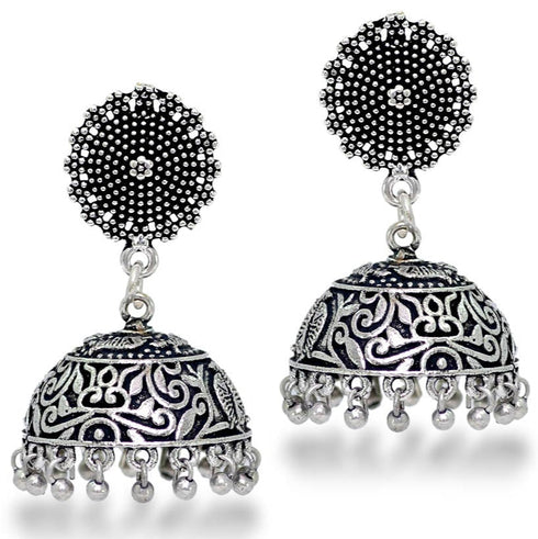 Oxidized Silver Dome Jhumka Earrings with Filigree Detailing from Trenzify Store.