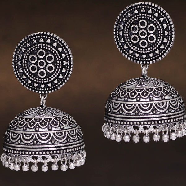 Bold Oxidized Silver Dome Jhumka Earrings with Circular Stud from Trenzify Store.