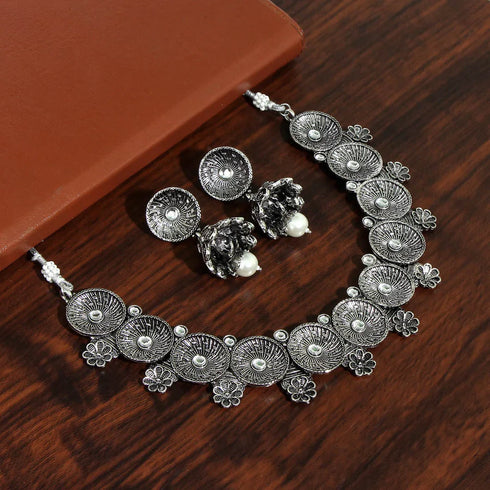 Antique Silver-Plated Oxidised Necklace Set for Women