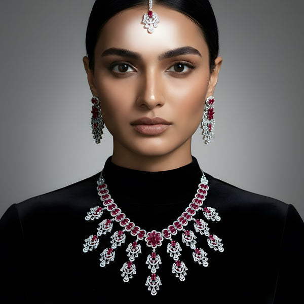 Grand American Diamond bridal necklace set for women with ruby red stones from Trenzify Store